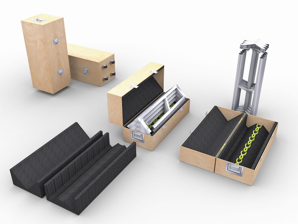 Conception 3D pieds de table et boite de transport
